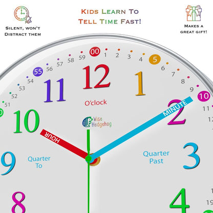 WISE HEDGEHOG Learning Clock for Kids, Silent Non Ticking, Telling Time Teaching Clock, Room Wall Decor for Bedrooms, Analog Kids Clock for Teaching Time, Kids Learn to Tell Time Easily