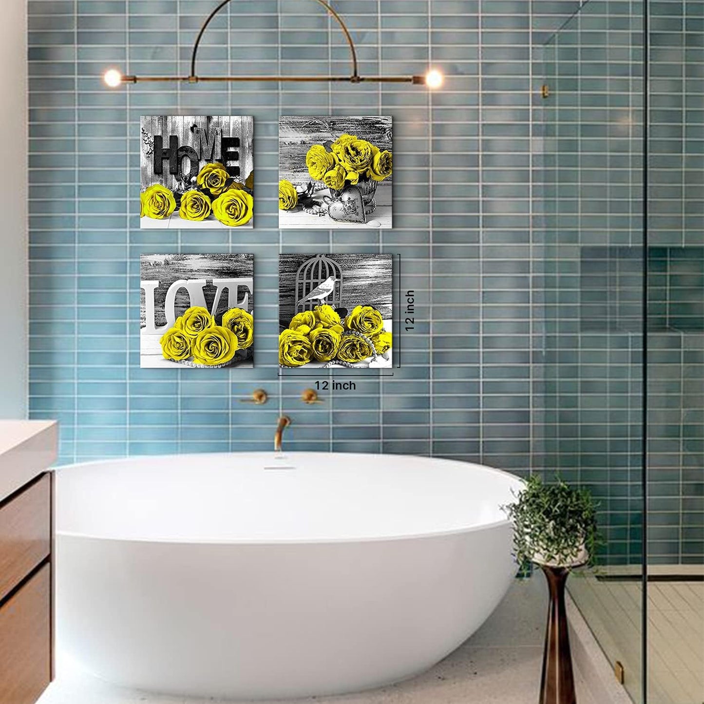 Yellow Rose Wall Pictures for Bedroom: Yellow and Grey Floral Posters, 12x12" 4Pcs, Romantic Flower Canvas Prints