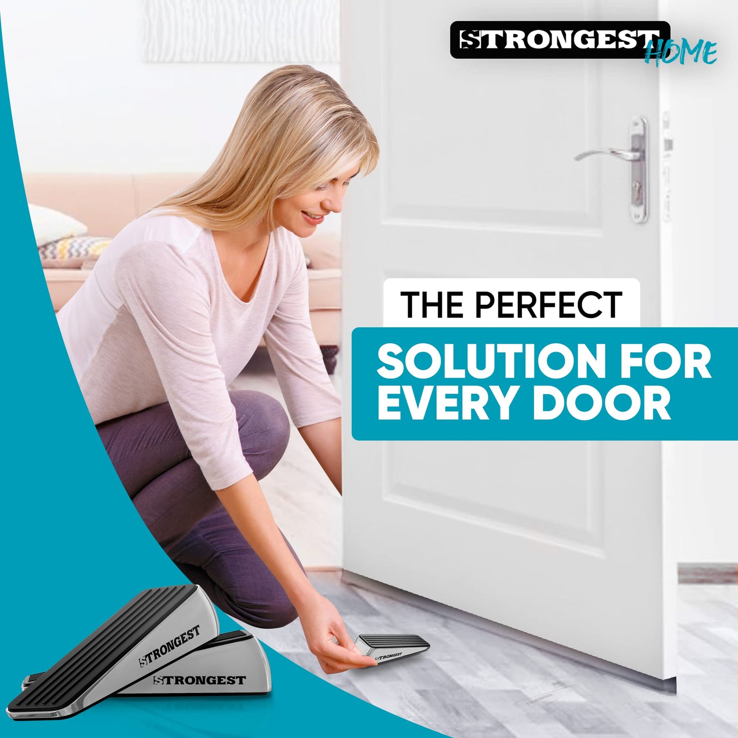 Strongest Home Heavy Duty Door Stopper Wedge (2 Chrome PCs) | Non-Slip Rubber and Metal Door Stop for Heavy Doors| Work on Wood, Tile, Carpet + 2 White Wall Protectors