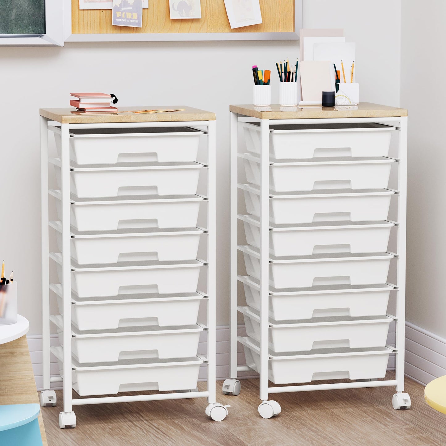 Rolling Cart with 8 Drawers, Storage Drawers Cart with Wooden Tabletop and Lockable Wheels, Craft Storage for Living Room, Office, Classroom, Craft Room, Bedroom