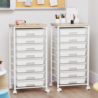 Rolling Cart with 8 Drawers, Storage Drawers Cart with Wooden Tabletop and Lockable Wheels, Craft Storage for Living Room, Office, Classroom, Craft Room, Bedroom