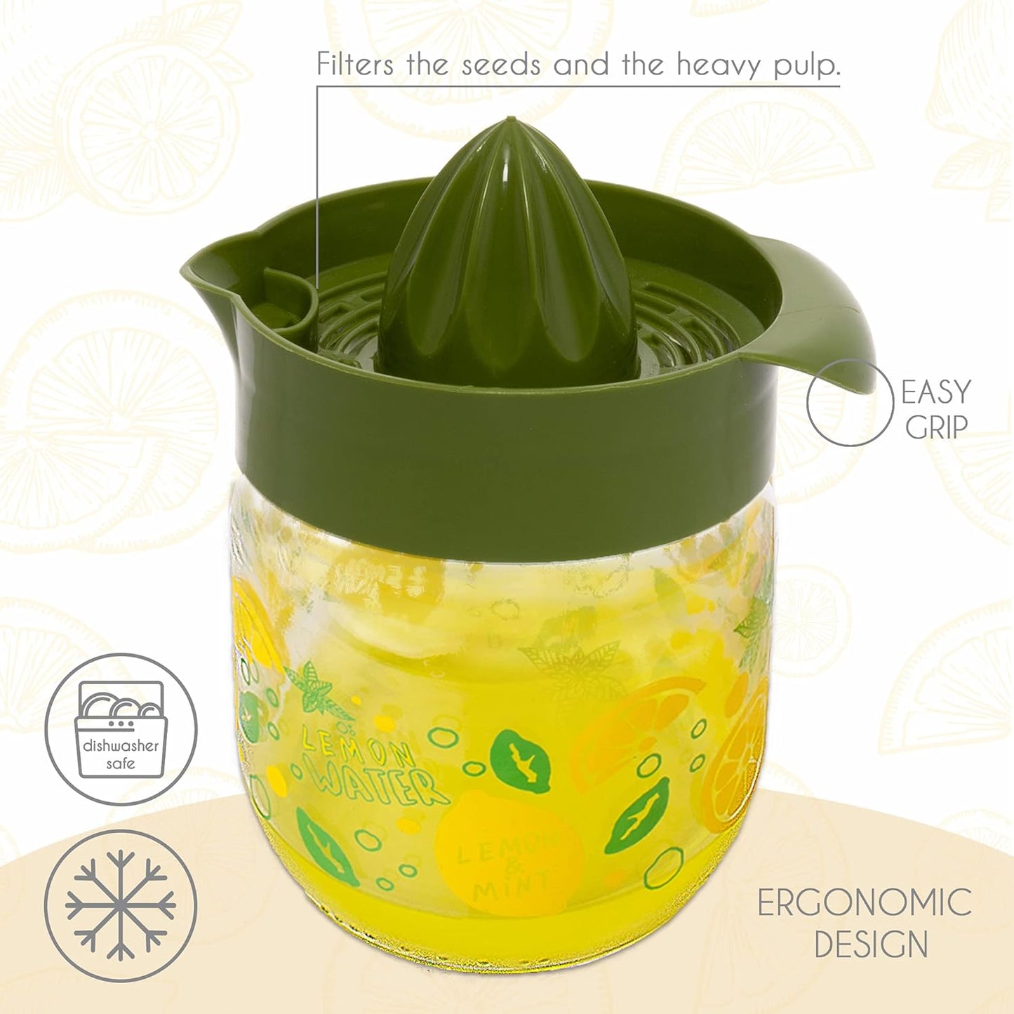 Crystalia Manuel Citrus Juicer with Glass Storage Jar - Handheld Juice Press Extractor for Lemon, Orange, Lime,