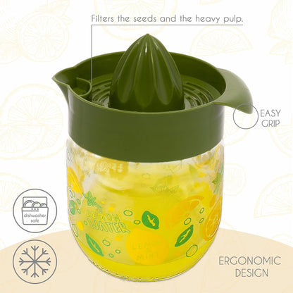 Crystalia Manuel Citrus Juicer with Glass Storage Jar - Handheld Juice Press Extractor for Lemon, Orange, Lime,