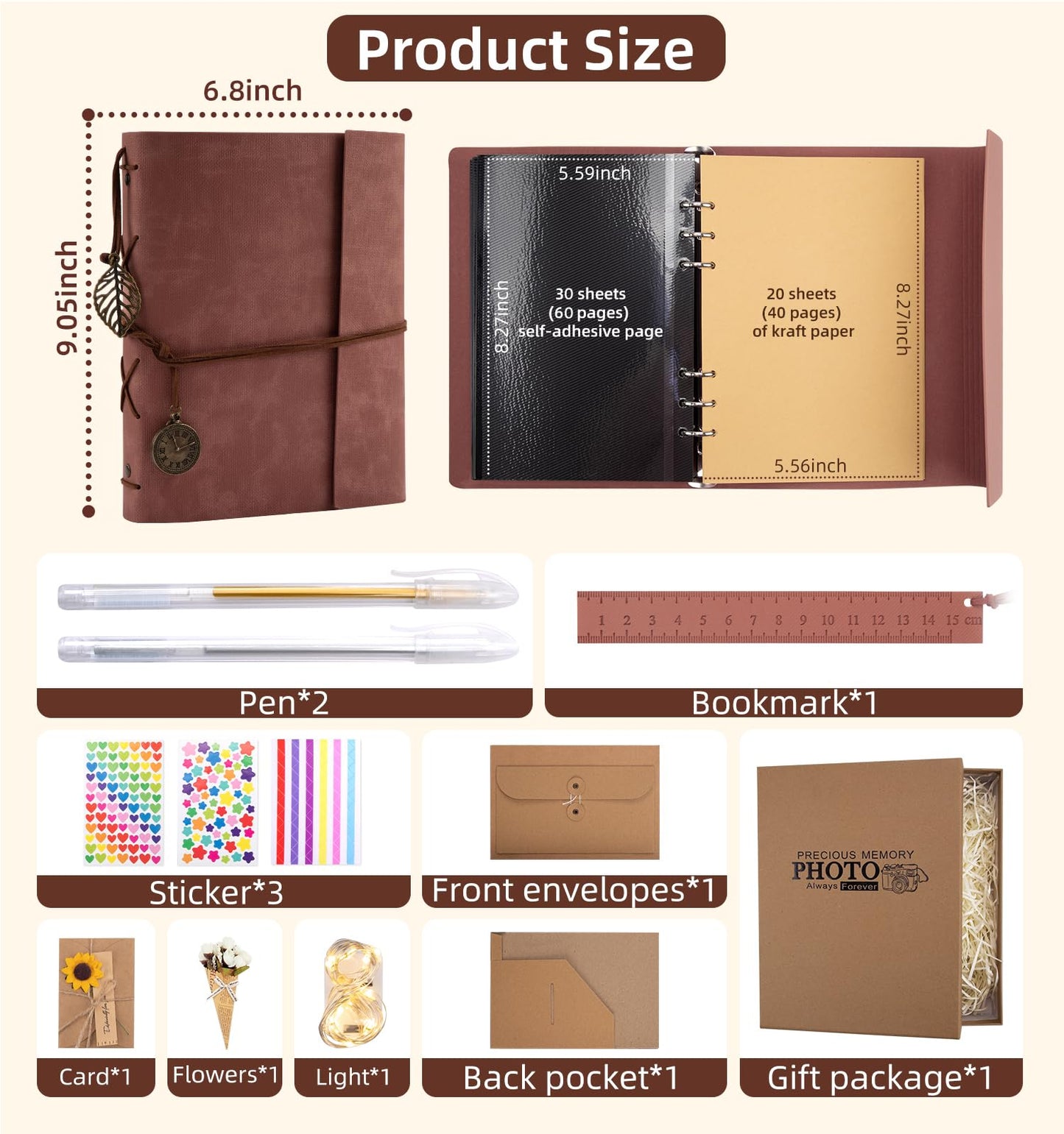 ALKALO Scrapbook Photo Album 100 Pages, 60 Page Self Adhesive+40 Page Kraft Paper DIY Photo Book for 2x3 3x5 4x6 5x7 Pictures, Leather Memory Book for Wedding Baby Family Travel Birthday Christmas