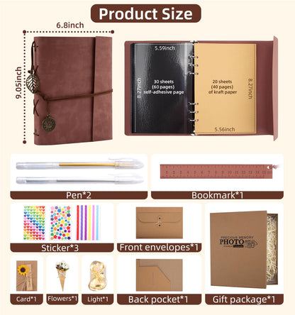 ALKALO Scrapbook Photo Album 100 Pages, 60 Page Self Adhesive+40 Page Kraft Paper DIY Photo Book for 2x3 3x5 4x6 5x7 Pictures, Leather Memory Book for Wedding Baby Family Travel Birthday Christmas