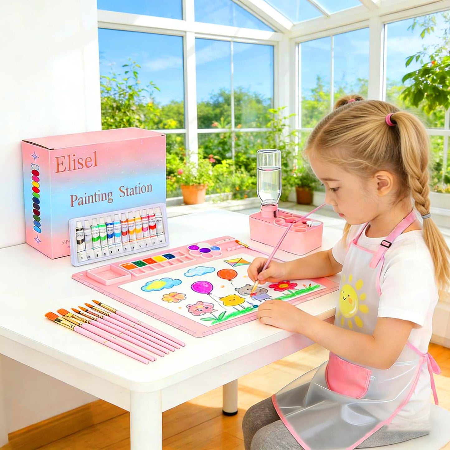 Elisel Painting Station,5 IN 1 Art Paint Supplies Kits,Paint Brush Cleaner (Upgraded),Silicone Painting Mat 12 Colors Paint Set,10 Paint Brushes,Painting Apron for Kids Artist Beginners (Pink, 5)