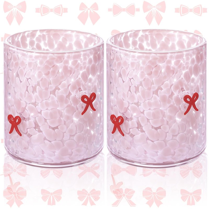 Ovveroche 2 Pcs Pink Bow Icon Juice Glass 14 oz Bow Reusable Stemless Icon Drinking Glasses Cups for Birthday Wedding Party Supplies Gift