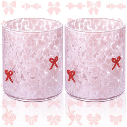 Ovveroche 2 Pcs Pink Bow Icon Juice Glass 14 oz Bow Reusable Stemless Icon Drinking Glasses Cups for Birthday Wedding Party Supplies Gift