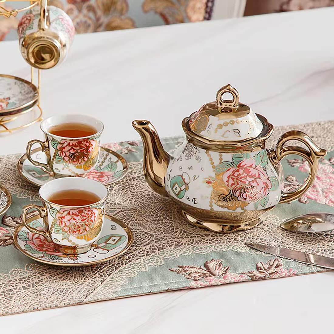 CHANJOON sets Set, Sets Set 6 tea Gold Plated Red Rose Ceramic Tea Vintage Teapot Tea Beautiful Tea Coffee Serving