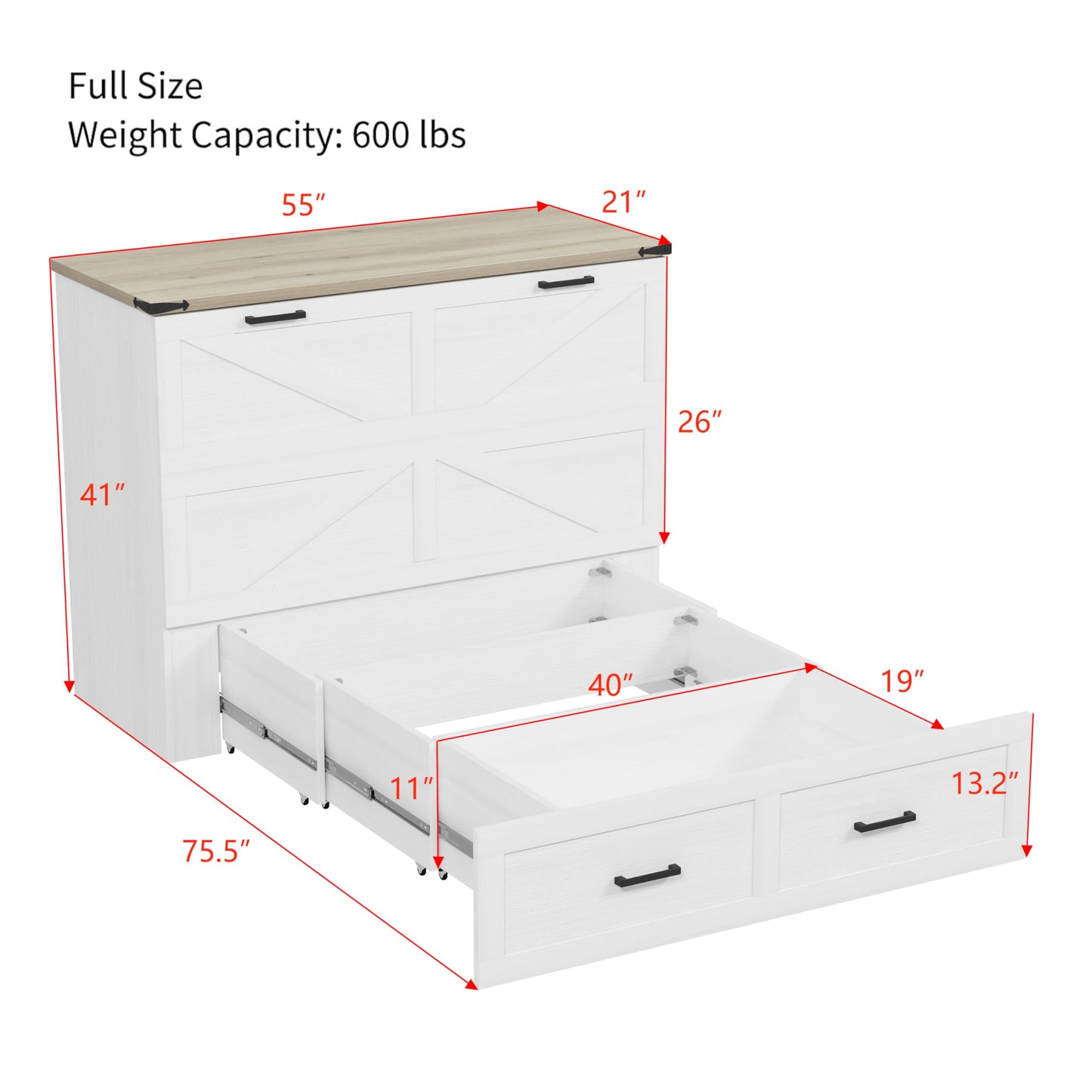 Merax Modern Farmhouse Solid Wood Murphy Cabinet Bed with Charging Station, Foldable Wall Platform Bed with Storage Drawer/No Box Spring Needed/Easy Assemble/Full, White
