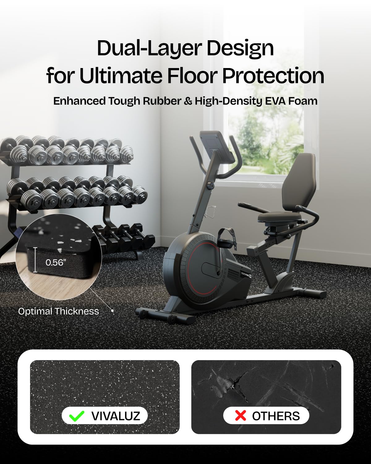Vivaluz 0.56 Inch Thick 96 Sq Ft Gym Flooring for Home Gym, 24 Tiles Robust Rubber Top with Eva Foam Exercise Equipment Mats, Protective Flooring Puzzle Mat for Fitness Room