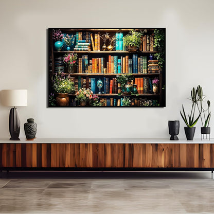 Ohhvvow 5D Bookshelf & Blooms Large Diamond Art Kit for Adults, 27.5x15.7 Inch Cozy Library Diamond Painting with Books & Flowers, DIY Full Drill Gem Craft Kits, Gift for Book Lovers & Beginners