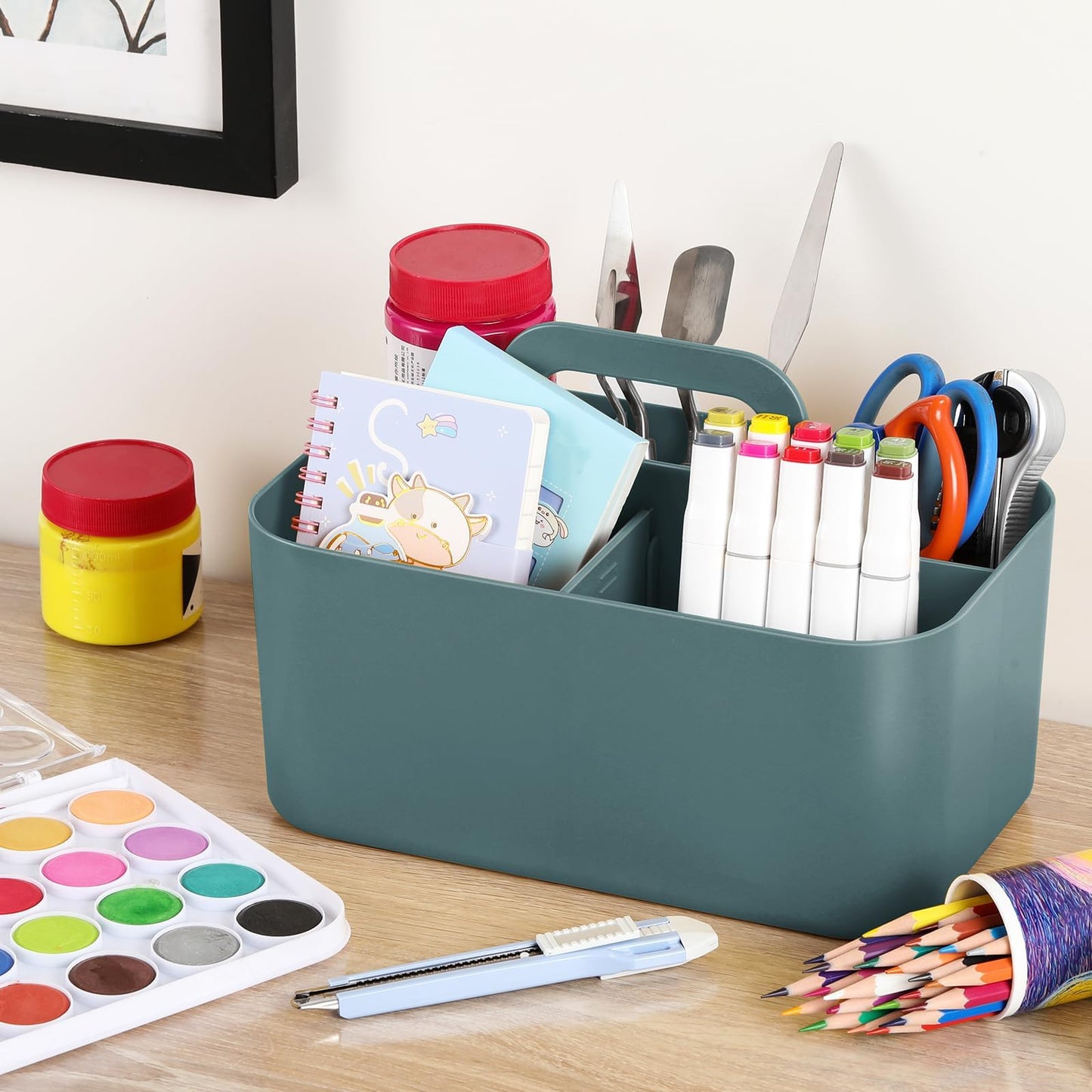Multiuse Caddy Organizer with Handle, Portable Divided Plastic Tote Bin - Art Craft, Stationary Pen Marker Crayons, Makeup Hair Supplies Storage - Bathroom, Classroom, Dorm, Office, Desk Holder - Cyan