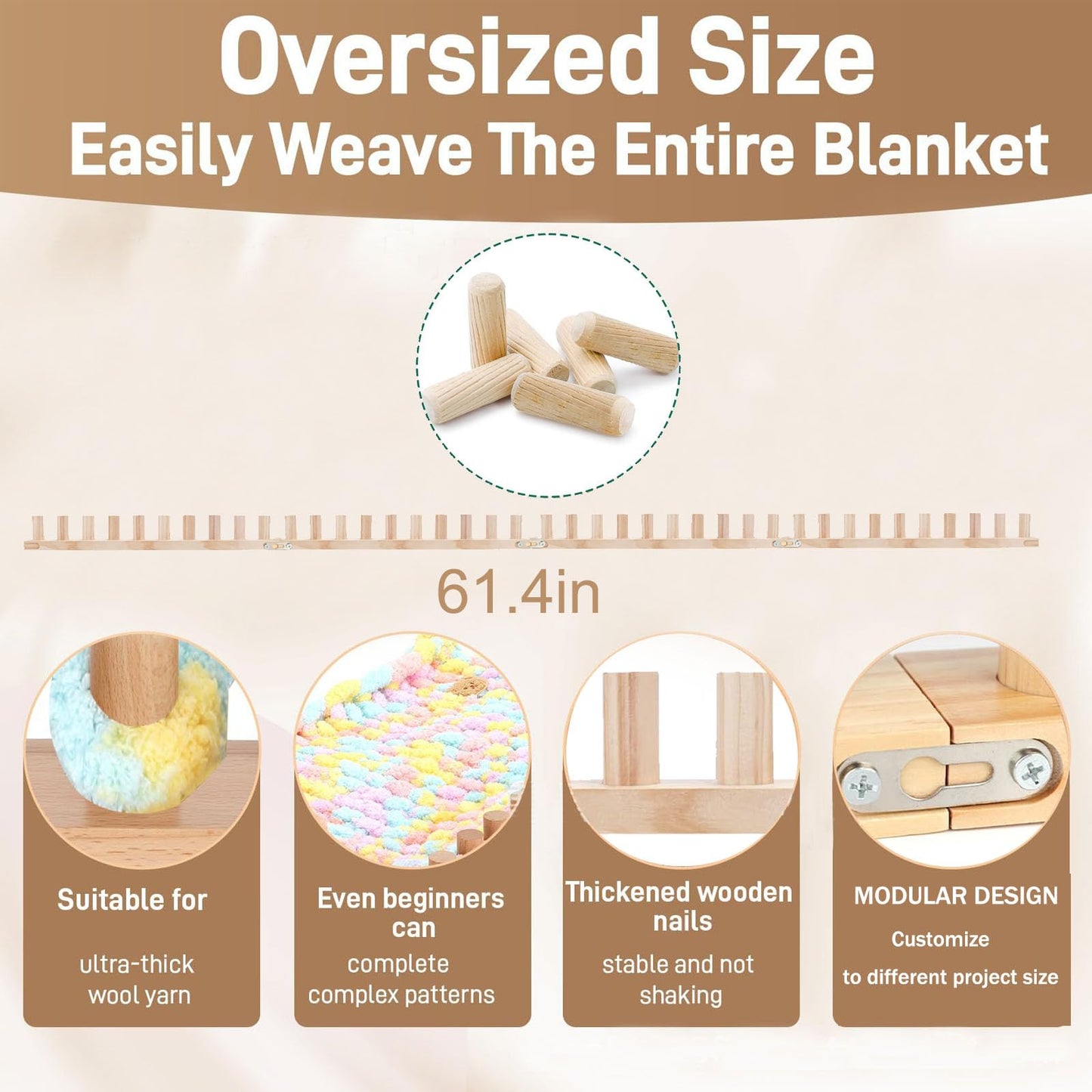 PHENNFUSION Chunky Blanket Loom for DIY Throw Blankets, 61.4" Wooden Loom Frame Adjustable Size Foldable Portable Hand Knitting Yarn Chunky,No Needles Required,Beginner Friendly Yarn Craft