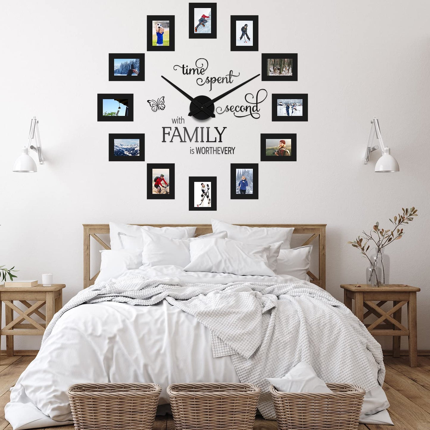 Sratte 3D Large Family Photo Clock Frame Wall Decor, 5 x 3.5 Inch Family Tree Decor, Paper Photo Frame DIY Clock Quote Wall Stickers Kit for Home Office Living Room Bedroom Mother's Day(Black)