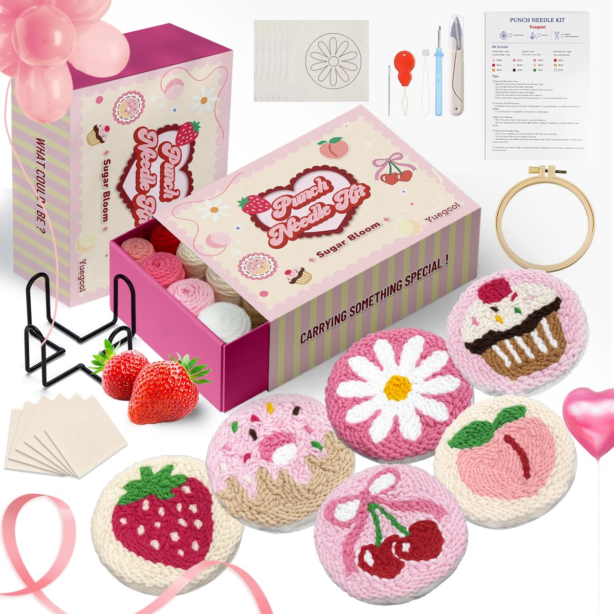 yuegool 6PCS Punch Needle Coaster Kit, Easy DIY Embroidery Set for Beginners & Adults with Patterns, Tools, Yarns, Hoop, Instructions & Coaster Holder
