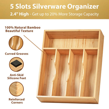 Umilife Bamboo Kitchen Drawer Organizer, 13 Inch Silverware Utensil Tray Holder, Extra Deep Grooved Drawer Divider, 7 Slots Total Bamboo Wood Caddy for Flatware Cutlery Knives, Forks, Spoons