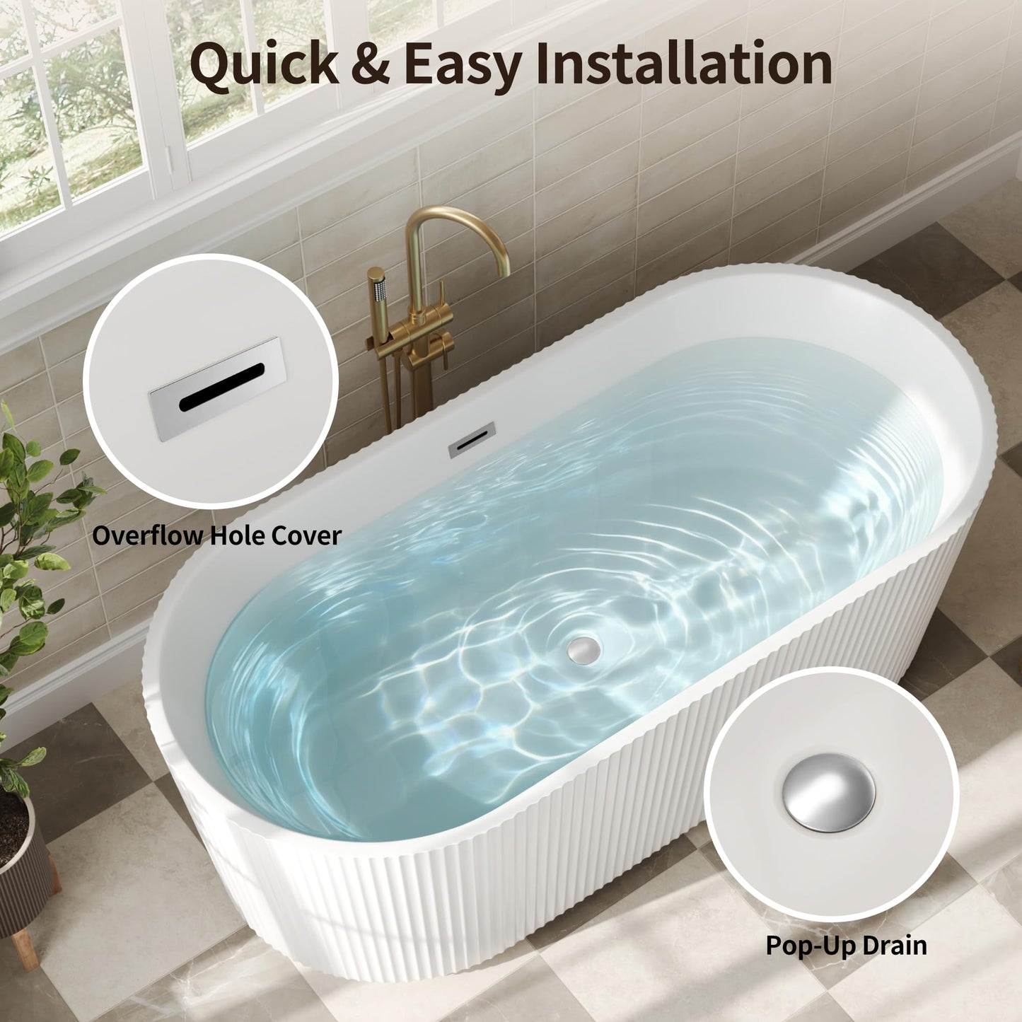 DeerValley 67" Acrylic Freestanding Bathtub, Easy Install Standalone Deep Soaking Tub with Fluted Design, Modern Ergonomic Shower Tub with Center Drain in White, DV-1T0583