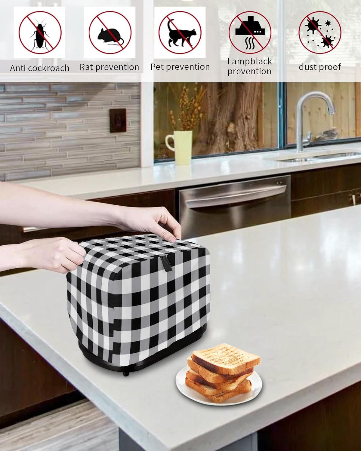Vintage Farmhouse Toaster Cover 2 Slice, Black and White Checkered Design with Loop for Dust Protection