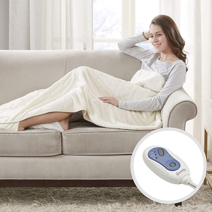 Beautyrest Foot Pocket Soft Microlight Plush Electric Blanket Heated Throw Wrap with Auto Shutoff, 50 x 62 in, Ivory
