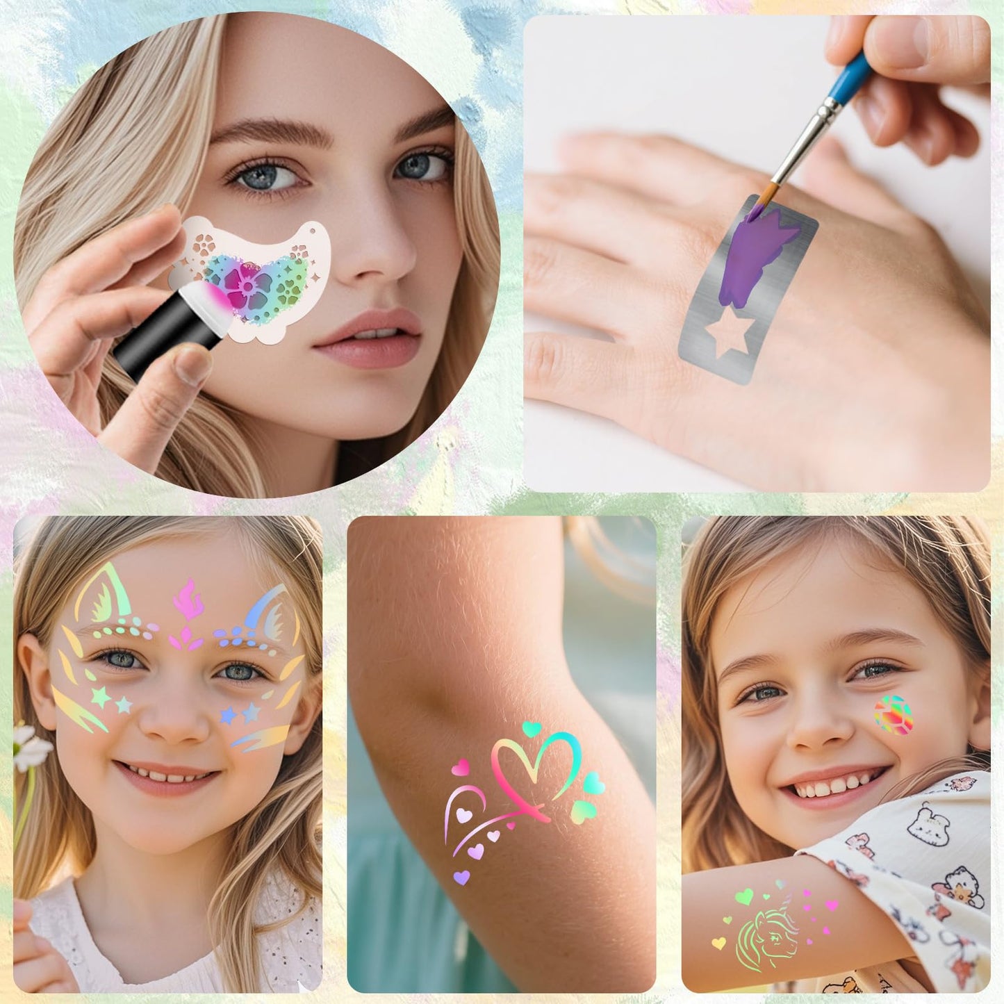 58PCS Face Paint Stencils Kit Includes 36 Reusable Facial Painting Stencils, 6 Sheets Tattoo Templates Stickers, 10 Brushes, 2 Pack Adhesive Gems, 4 Sponge for Halloween Festival Party Makeup