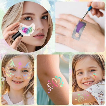 58PCS Face Paint Stencils Kit Includes 36 Reusable Facial Painting Stencils, 6 Sheets Tattoo Templates Stickers, 10 Brushes, 2 Pack Adhesive Gems, 4 Sponge for Halloween Festival Party Makeup