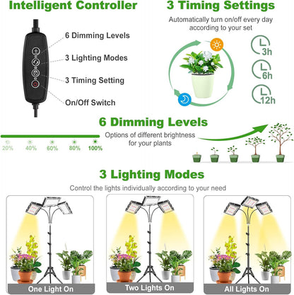 LBW 150 3/6/12H 6 Dimmable 3 15-63 inches Grow Light with Stand, Tri-Head LED Plant Light for Indoor Plants, Full