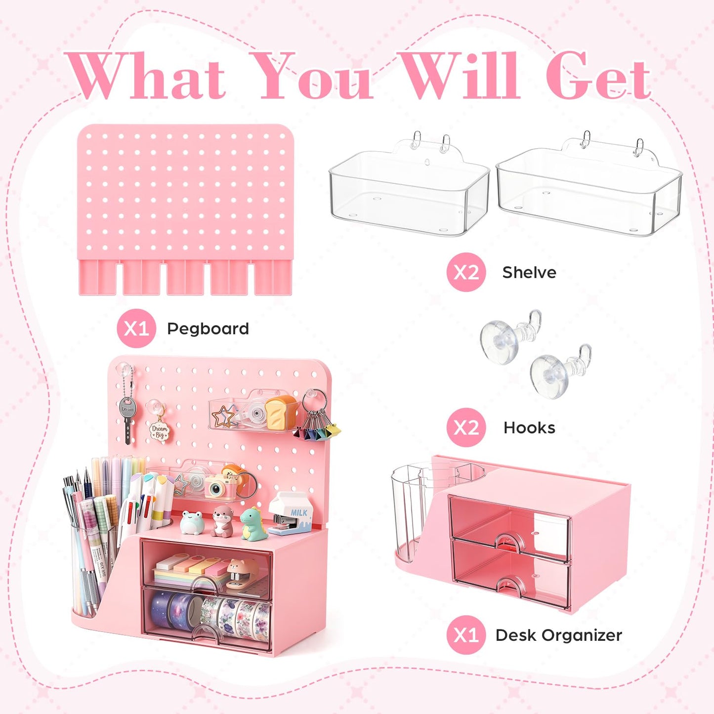 Novabright Desk Organizer with 2 Drawers, Rotating Pen Holder with 5 Slots & Pegboard, Back to School & End of School Year Gifts, Multifunctional Desktop Storage for Desk Home Office Supplies(Pink)