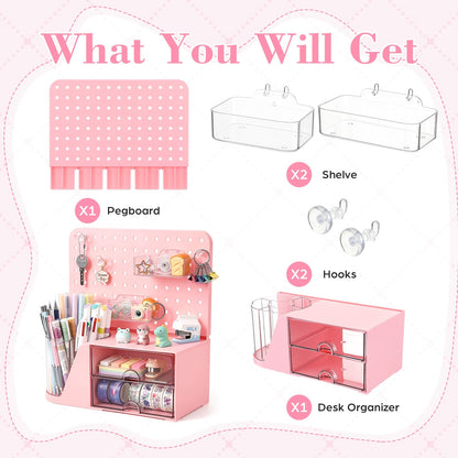 Novabright Desk Organizer with 2 Drawers, Rotating Pen Holder with 5 Slots & Pegboard, Back to School & End of School Year Gifts, Multifunctional Desktop Storage for Desk Home Office Supplies(Pink)