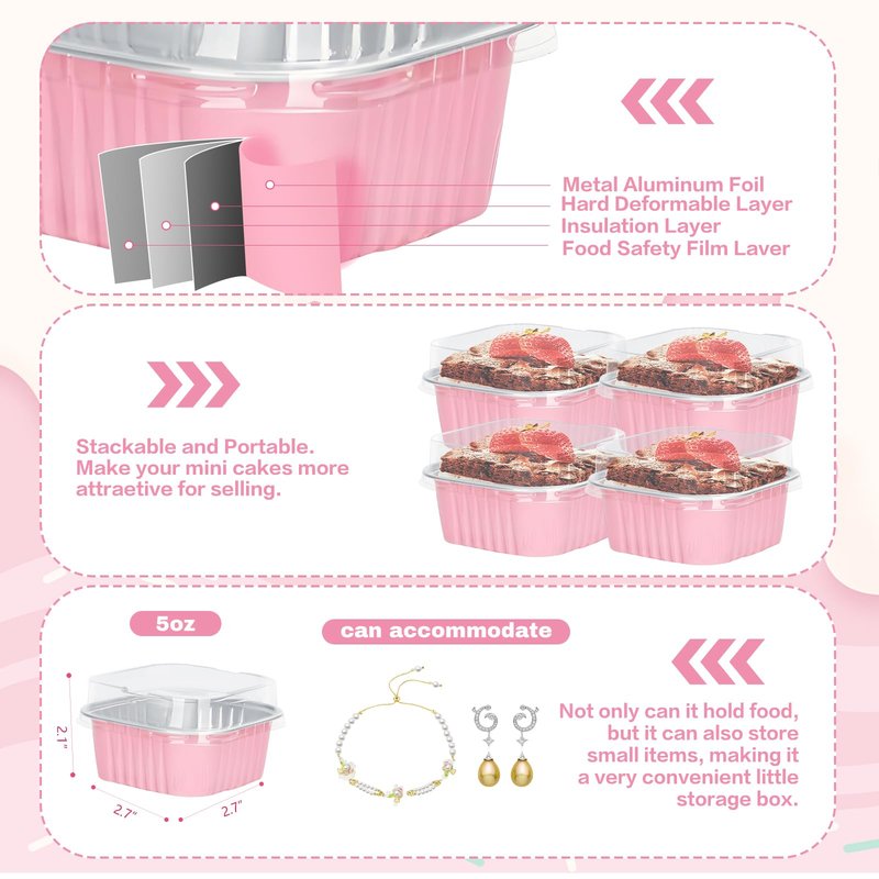 ylnurac 100Pack 5oz Pink Mini Cake Pans with Lids Baking Cups Aluminum Foil Pans Tins, Individual Dessert Cups Containers for Sales,Party,Picnics