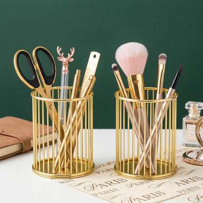 Yopay 4 Pack Gold Pencil Holder, Metal Pen Cup Makeup Brush Holder for Desk, Round Wire Mesh Desktop Organizer for Office School Home Vanity, Aesthetic Cylindrical Storage Organizer for Art Supplies
