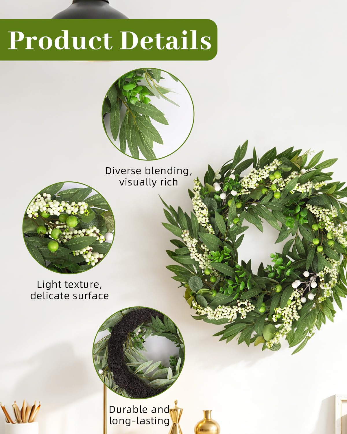 20in Wreath for Front Door,Spring Wreaths with Welcome,Greenery Summer Wreath for All Season,Farmhouse, Outdoor, Porch, Garden, Wedding Decor