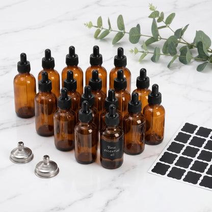 Jucoan 16 Pack Dropper Bottles, 4 oz/120ml Amber Glass Tincture Bottles with Graduated Glass Eye Droppers for Essential Oils, Perfume, 2 Stainless Steel Funnels,16 Chalkboard Labels