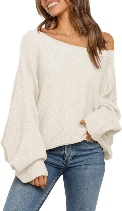 Mafulus Women's Oversized Crewneck Sweater Batwing Puff Long Sleeve Cable Slouchy Pullover Jumper Tops
