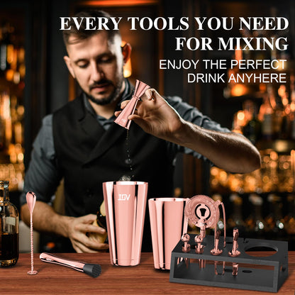 IOV Cocktail Shaker Set: 12-Piece Mixology Bartender Kit Bar Set | 16oz & 28oz Boston Shaker Drink Mixing Tools for Home with Recipe Booklet and Stand | Fun Housewarming Gift (Rose Gold)