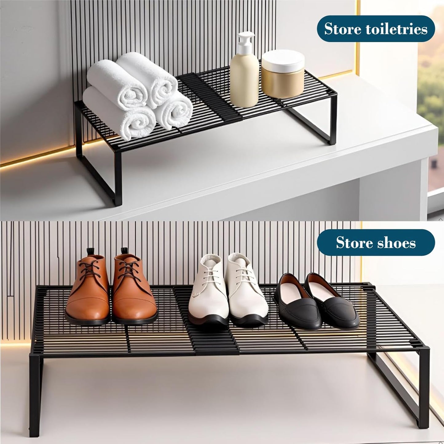 15-24.4in Closet (1,Black) Extendable Metal Wire Shelf Organizer - Adjustable Length, Stackable Storage Rack