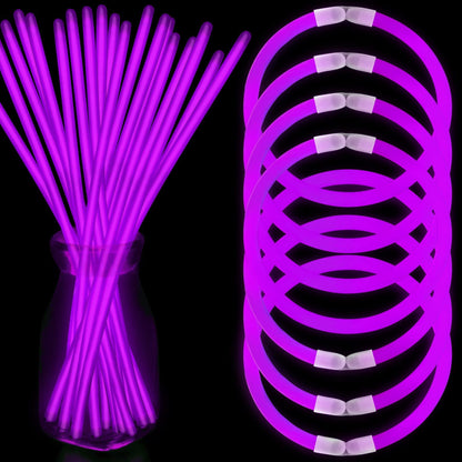 NUDALA 100 Pcs Purple Glow Sticks Bracelet Necklaces Bulk Glow in The Dark Party Supplies Easter Basket Stuffers 8” Light Stick with Connectors for Halloween Birthday Carnival