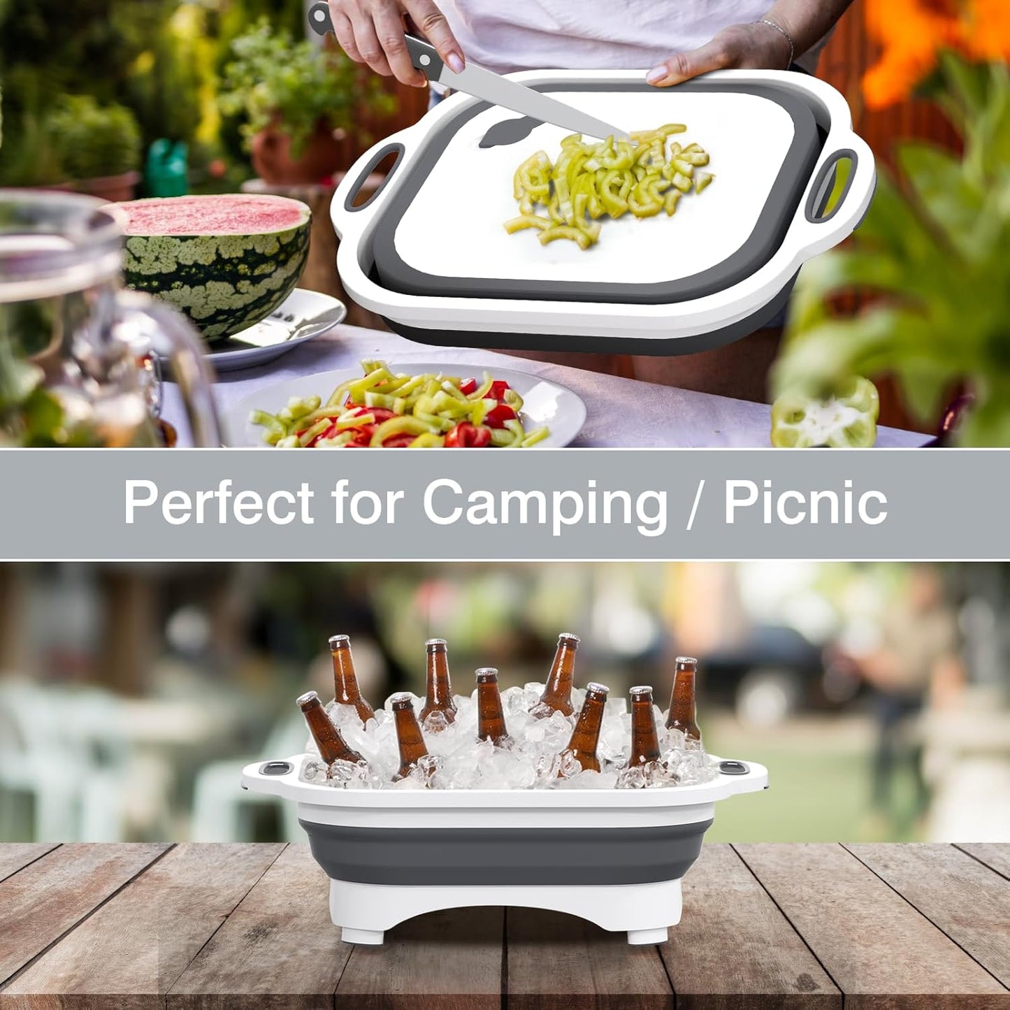 HI NINGER Collapsible Cutting Board with Knife, Multifunctional Silicone Dish Tub for Camping Kitchen Essentials
