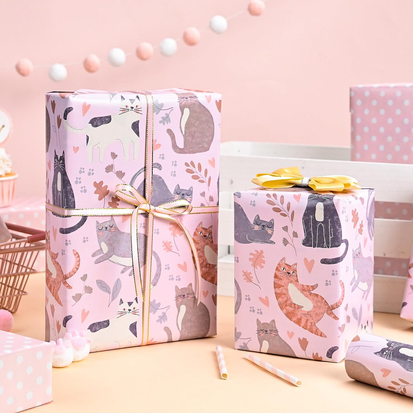 Burymento Reversible Cat Design Wrapping Paper Roll - Pink and white polka dot design on the other side, suitable for Valentine's Day, Birthday, Mother's Day, Wedding, Baby Shower