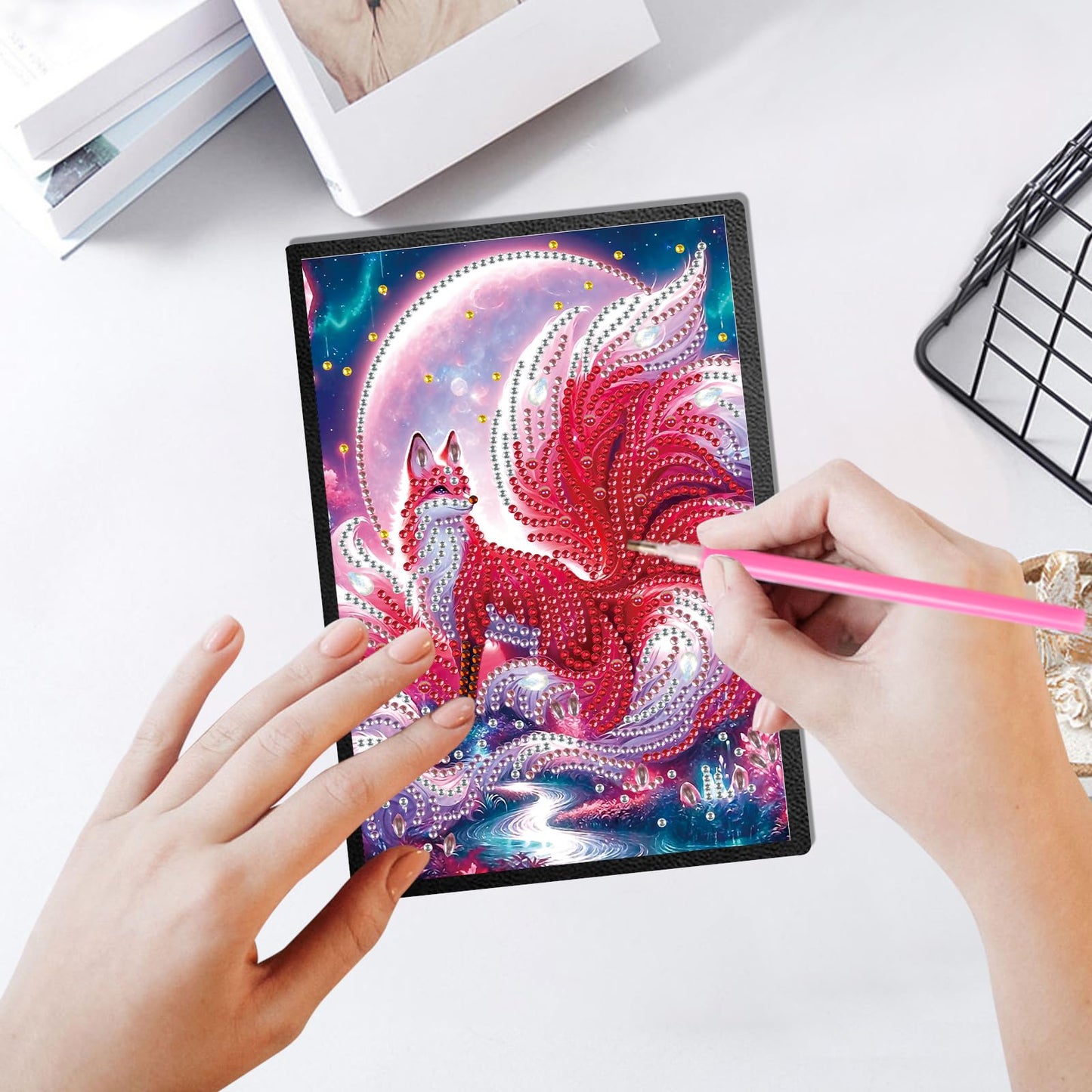 JZHYOAN Animal Diamond Painting Blank Notebook DIY Nine-Tailed Fox Special Pattern Diamond Art Dairy Travel Drawing Message Journal Gem Art Sketchbook Mosaic Cross-Stitch Notepad for Office Beginners