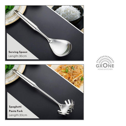 Kitchen Utensil Set – 6 Piece Stainless Steel Cooking Utensils with Rotating Holder Organizer Includes Slotted Spoon, Slotted Spatula, Large Spoon, Soup Ladle, Spatula, Pasta Server Silver/7PCS