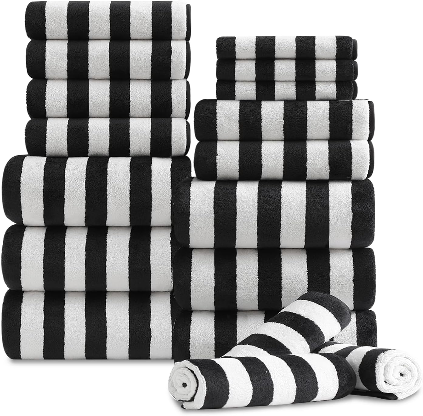 18 Set Loop-6 Towels,6 Towels,6 Set Pcs Black White Stripe Bath Towel with Hanging Bath Hand Washcloths Soft Family