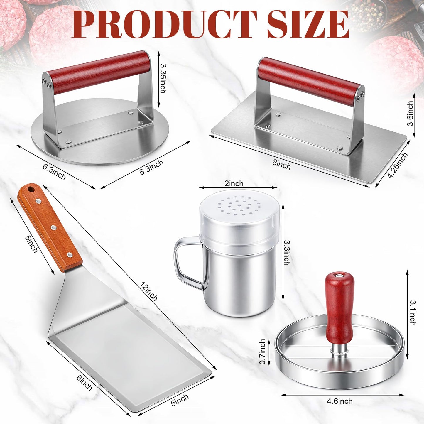 Acellegic 6 Pcs Smashed Burger Press Kit, 6.3" Round & 8" x 4.3" Rectangle Stainless Steel Burger Press for Meat, Patty Maker Spatula Seasoning Shaker Patty Paper for Cookout, BBQ, Griddle, Grill
