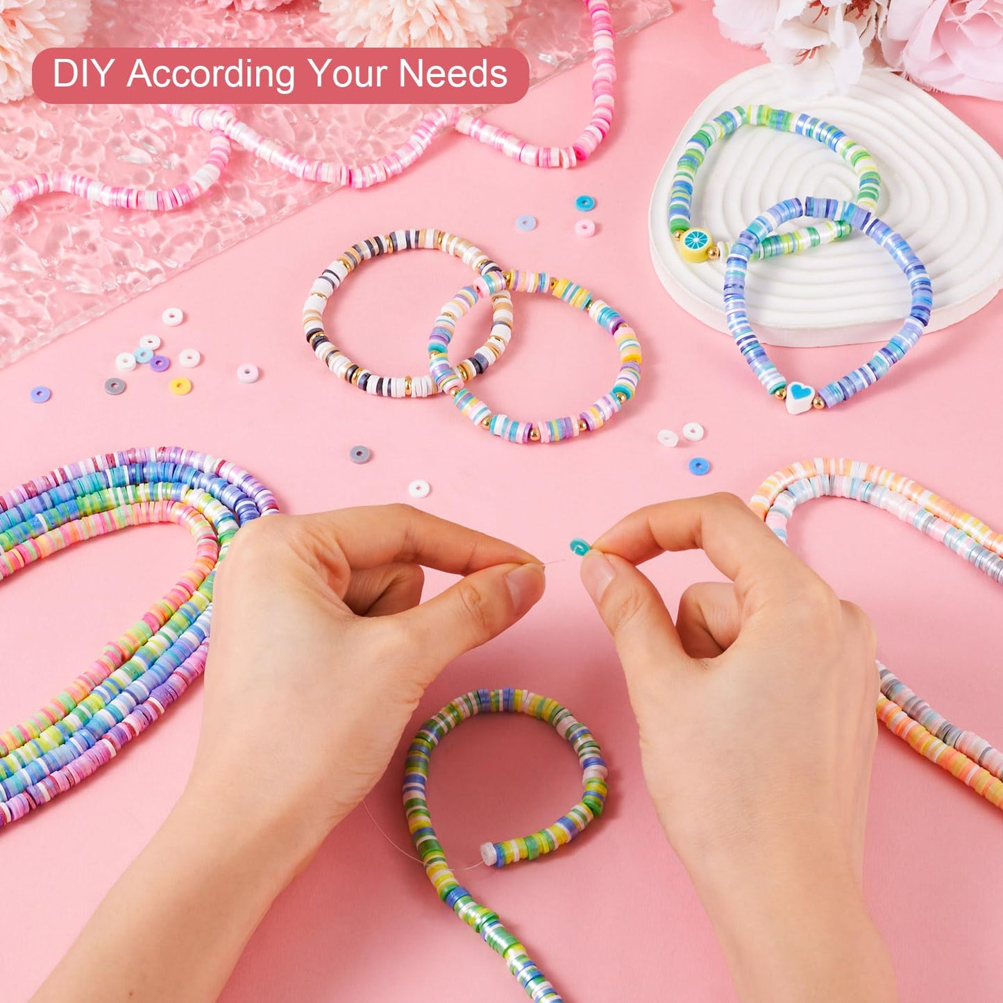 Elecrelive 10 Colors Clay Beads Bracelet Making Kit, 6mm Disc Flat Round Spacer Beads Colorful Pearlized Heishi Chips for Chocker Necklace Earring DIY Crafts