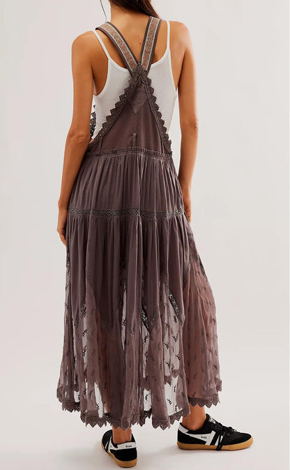 Women's Casual Lace Embroidered Maxi Dress Adjustable Strap Pleated Tiered Swing Long Dress with Pockets