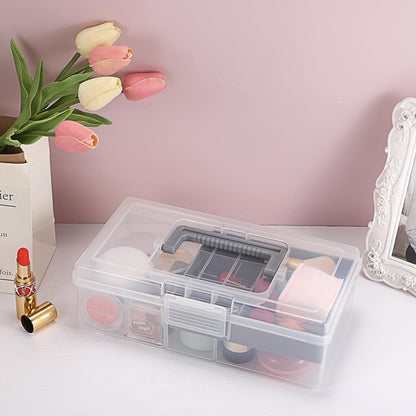 JUXYES Plastic Carry Storage Box with Removable Dividers, Clear Art Craft Supply Storage Bin Sewing Box With Handle Lid, 2 Layers Stationery Storage Case for School/Office Supplies