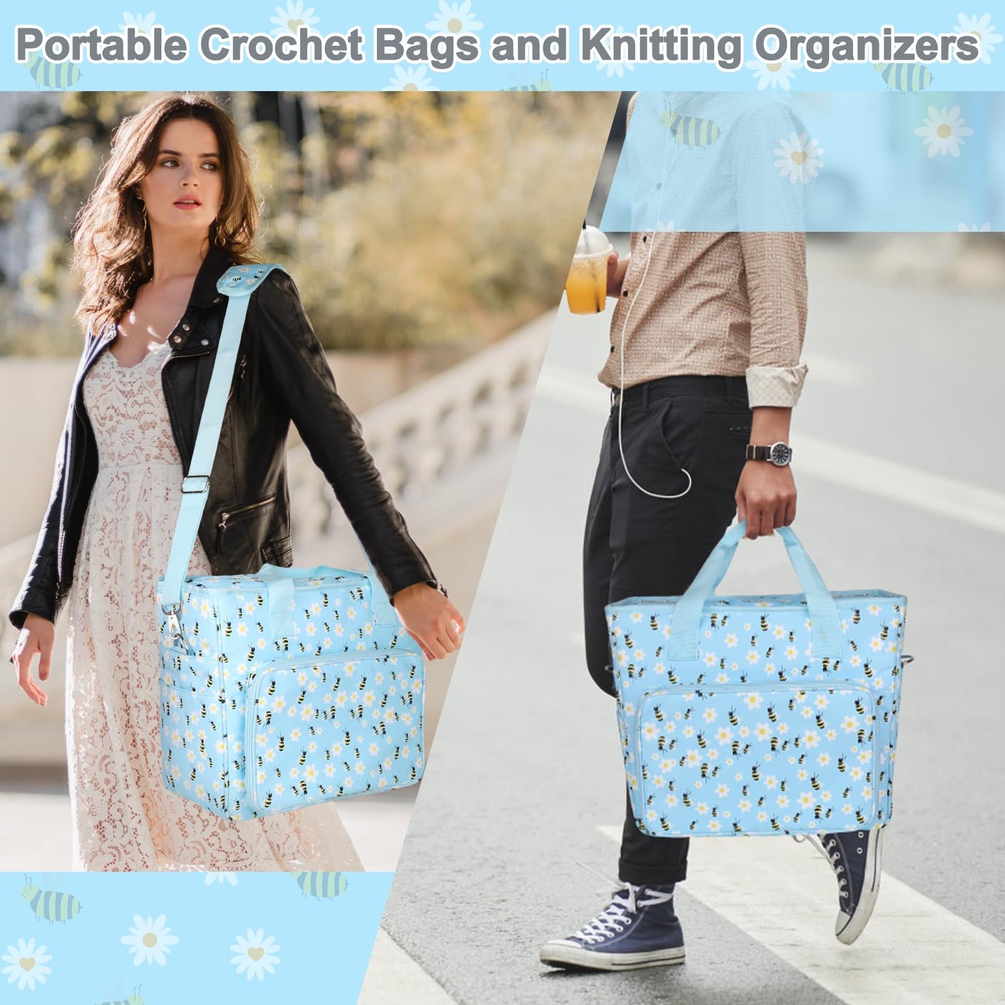 Yarn Storage Organizer Travel Crochet Bag, Large Capacity Tote Bag Knitting Bag for Carrying Projects, Knitting Needles, Crochet Hooks and Yarn, Blue Floral and Bees