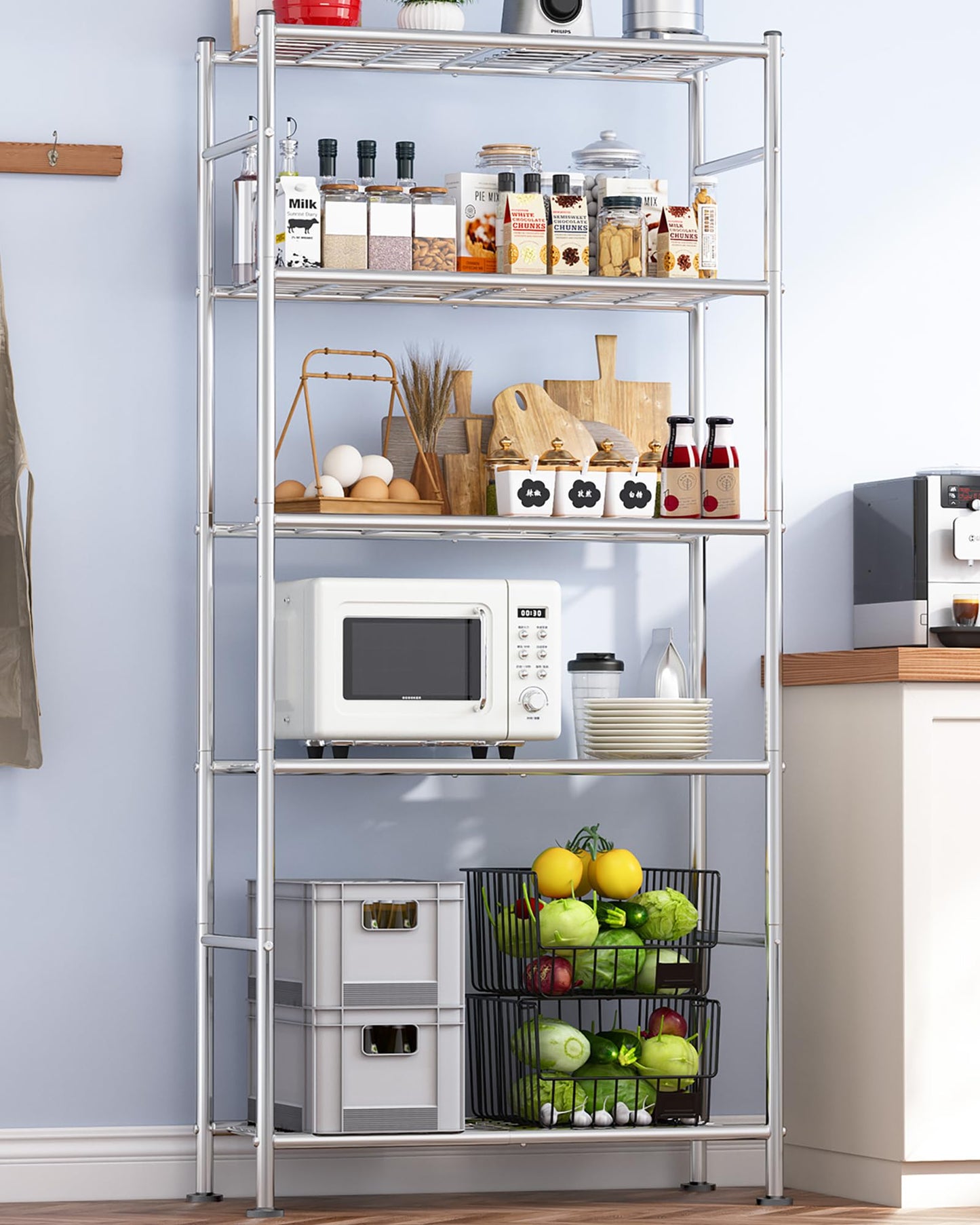 Storage Shelves - 5 Tier Shelf Organizer, Heavy Duty Garage Shelving Unit with Leveling Feet, Stable Metal Shelves Organizer for Pantry, Kitchen and Closet, 33.0" W x 12.6" D x 72.0" H, Black