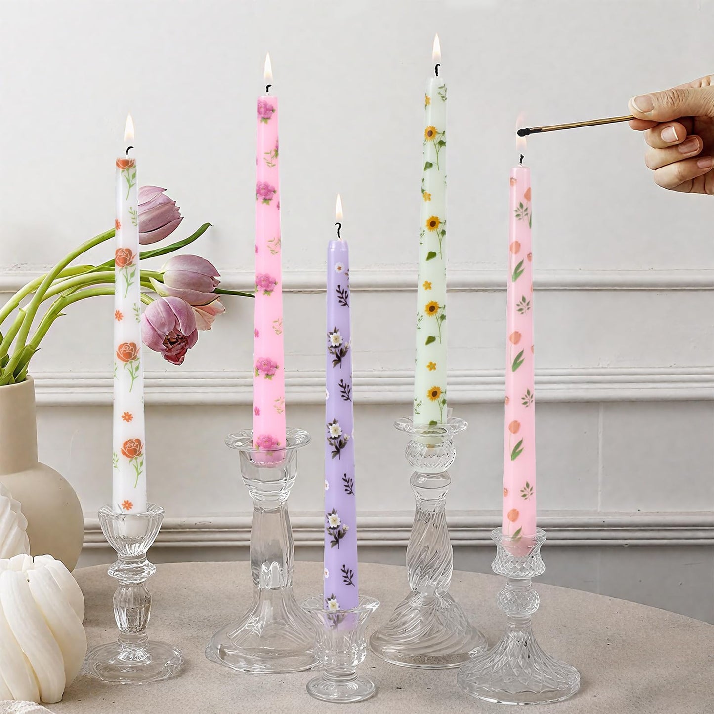 Taper Candles,10 inch 2pc Pink Tapered Candles with Peony Printed, Unscented and Smokeless Long Burning Candles,Tall Candlesticks with Cotton Wicks,Ideal for Weddings, Home Décor