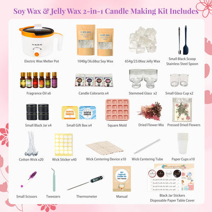 Soy Wax & Jelly Wax 2-in-1 Candle Making Kit – Complete DIY Candle Making Kit with Wax Melting Pot, 6 Scents, 4 Colors & Tools – Create Hands-On Memories, Crafted for Hobbyists & Personalized Gifting